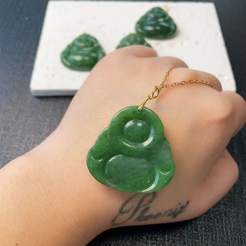 Natural Nephrite Jade Laughing Buddha Pendant Necklace, Green Jade Buddha Pendent, Rich Green Jade