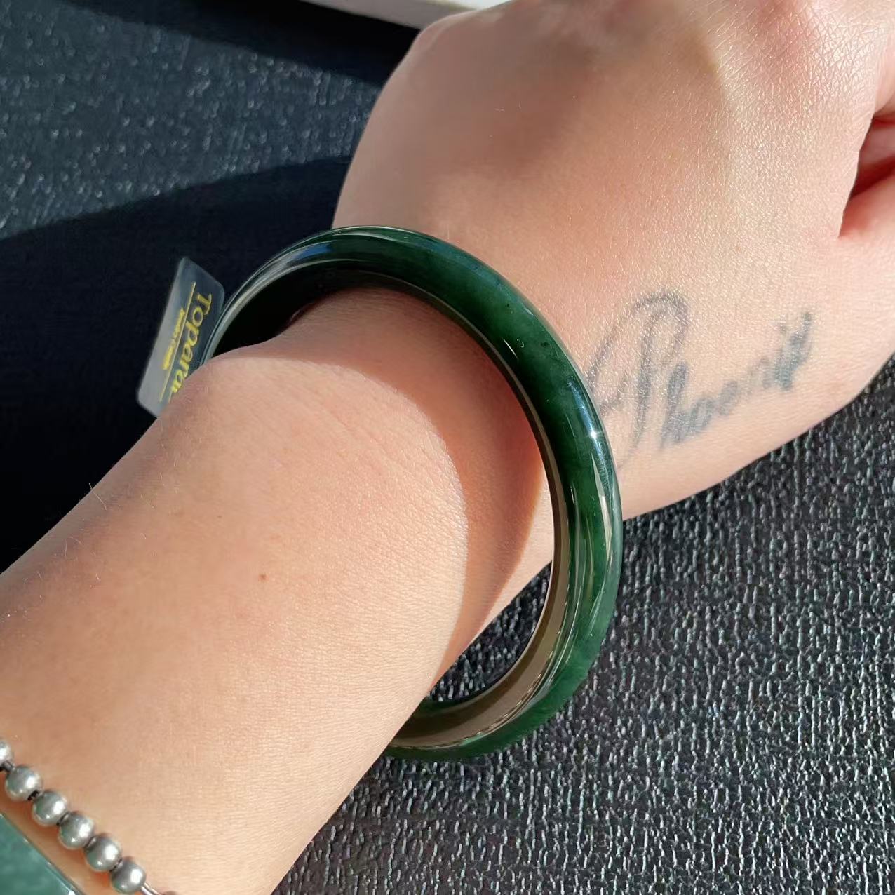 Certified Natural Nephrite Jade Slim Bangle, 58mm Size Minimalist Bangle Bracelet, Deep Green Jade Bangle