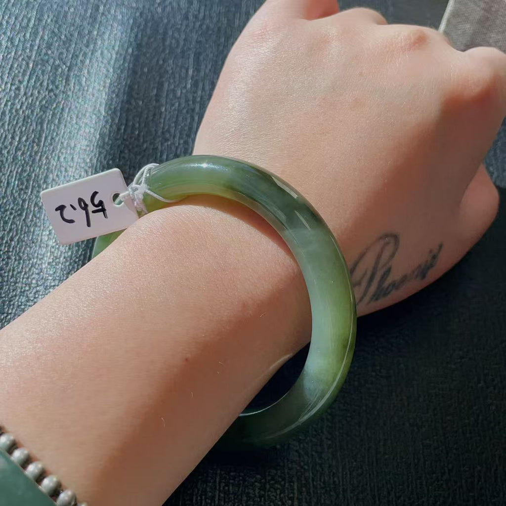 Certified Natural Green Jade Bangle , Iced Lake Green Nephrite Jade Bangle , 56.2mm Size Jade Bangle Bracelet