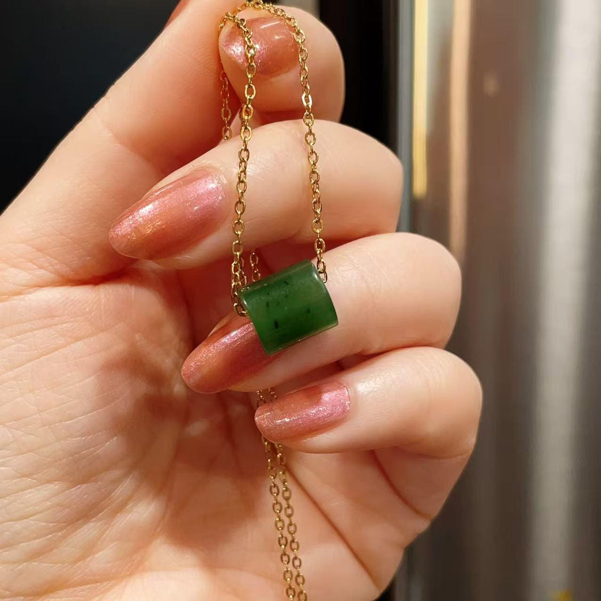 Certified Natural Green Jade Mini Pendant Necklace , Minimalist Lucky Charm Jade Jewelry, Green Jade Rolo Pendent