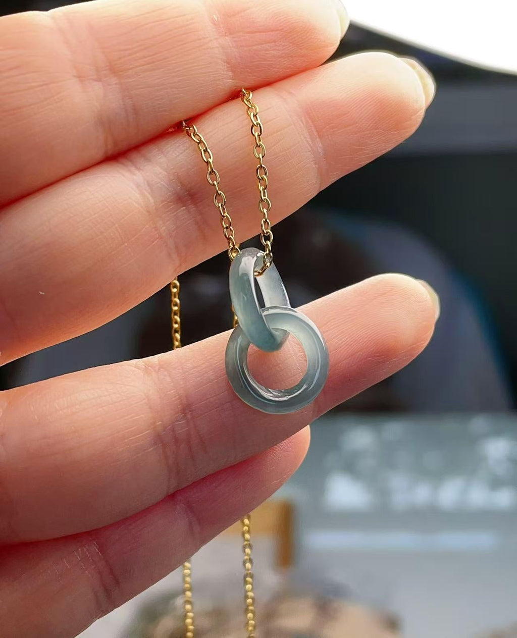 Natural Blue Jadeite Double Ring Necklace, Minimalist Jadeite Pendant , Real Jadeite infinitiy Pendent, Iced Jade Pendent