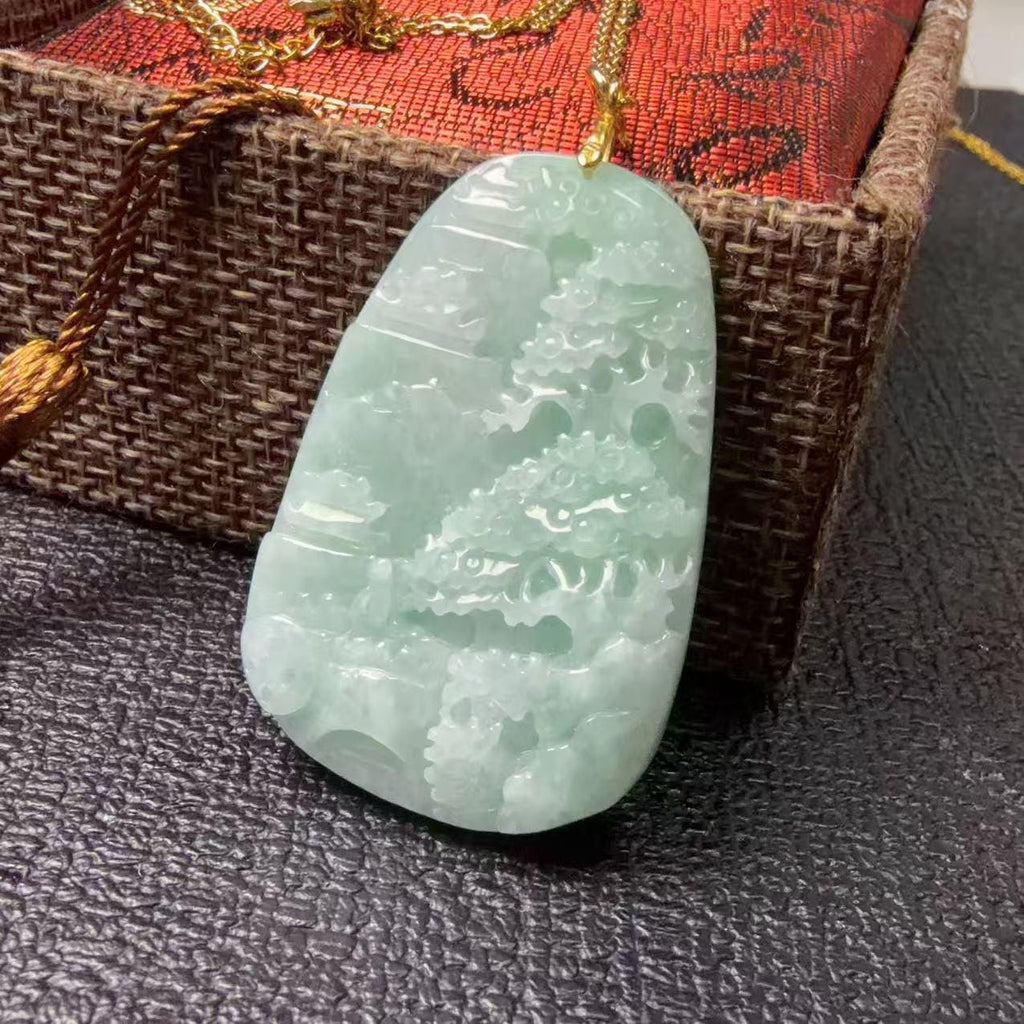 Certified Natural Jadeite ,Landscape Pendant Necklace (Grade A), Green Jadeite Pendent Necklace, Real Jadeite Tag Pendent