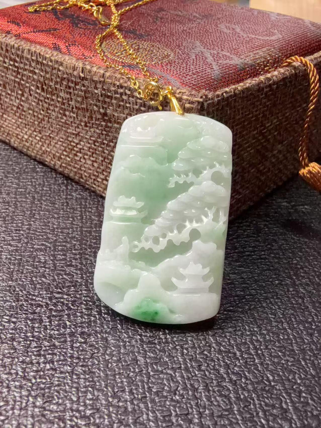 Certified Natural Jadeite Landscape Pendant Necklace (Grade A), Green Jadeite Pendent Necklace