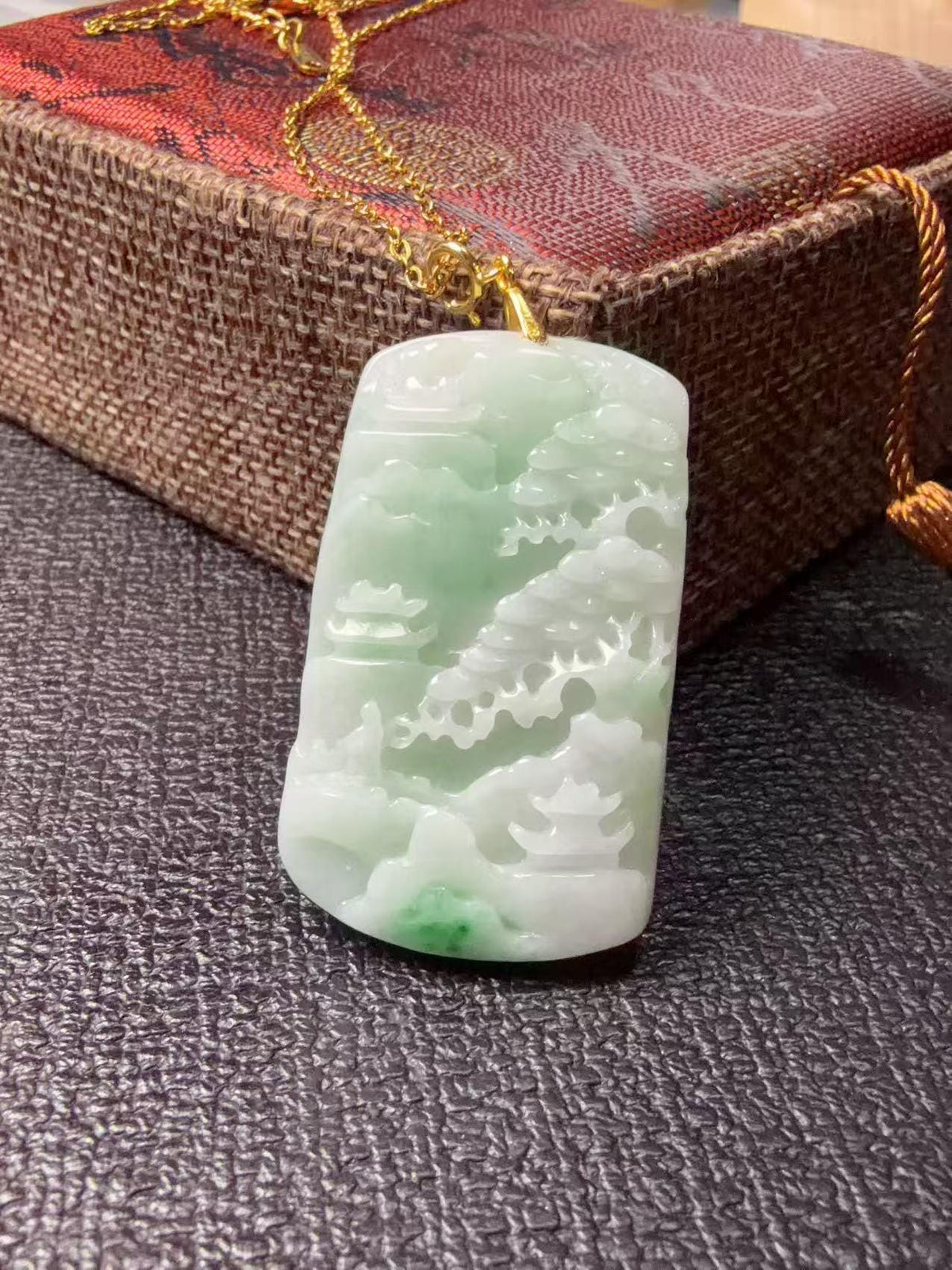 Certified Natural Jadeite Landscape Pendant Necklace (Grade A), Green Jadeite Pendent Necklace