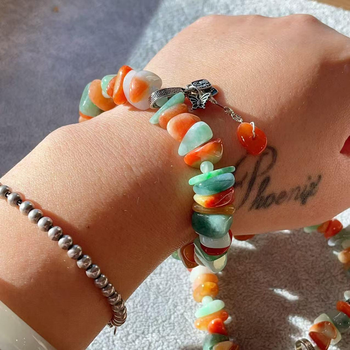 Certified Natural Multi-Stone Jadeite Bracelet , Genuine Type-A Jadeite , 10–12mm Chips Jadeite, Real Jade Bracelet