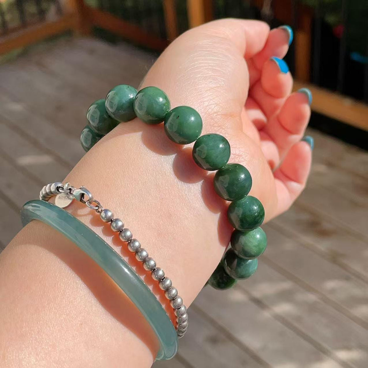 Certified Natural Green- Blue Jade Bracelet, 12mm Jade Beaded Bracelet, Natural Jade Bracelet, Large Beaded Bracelet, Real Jade Gift