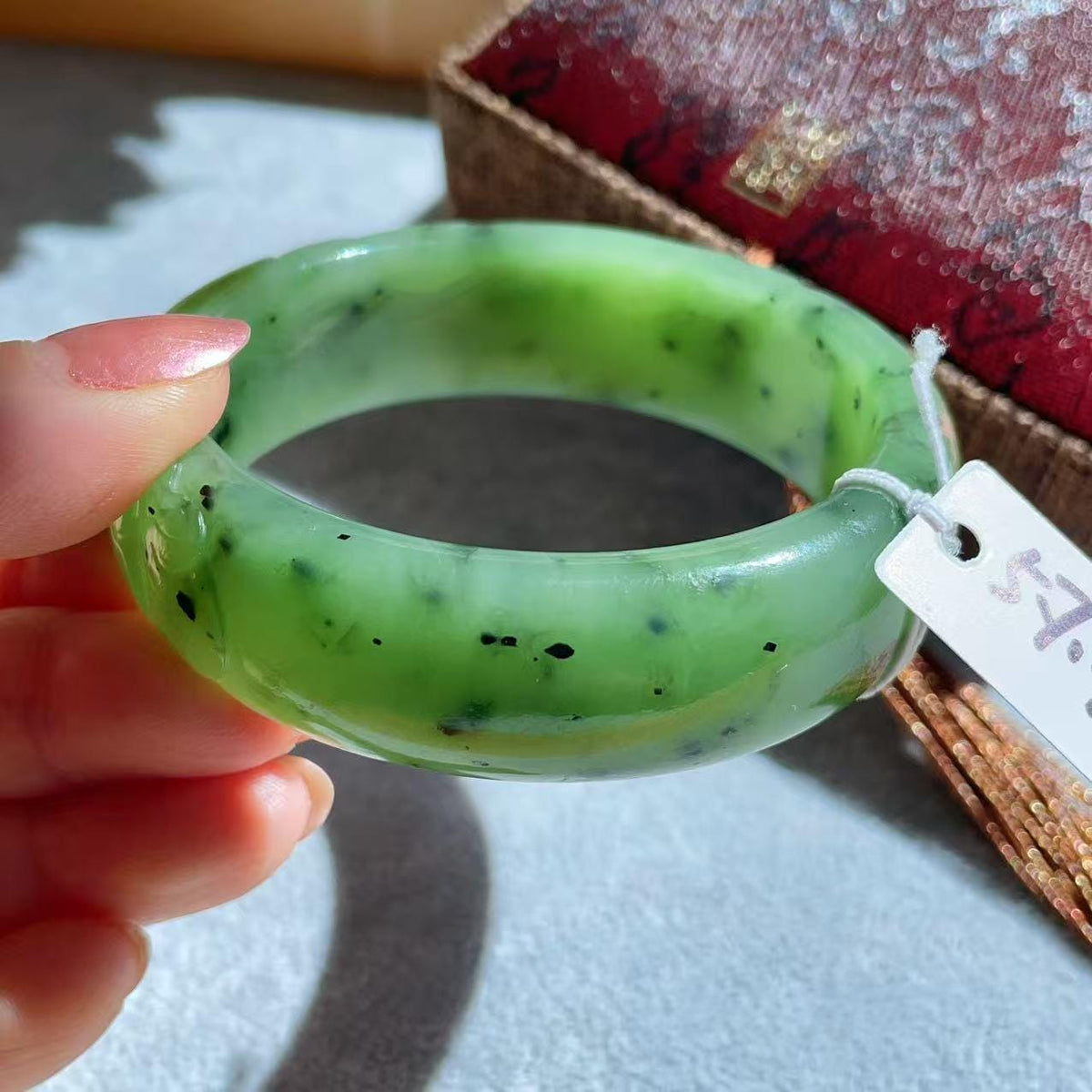 Natural Nephrite Jade Bangle Bracelet ，Wide Carved Jade Bracelet ， Size 57.7mm ，LIight Green Jade, Handmade Jewelry Gift