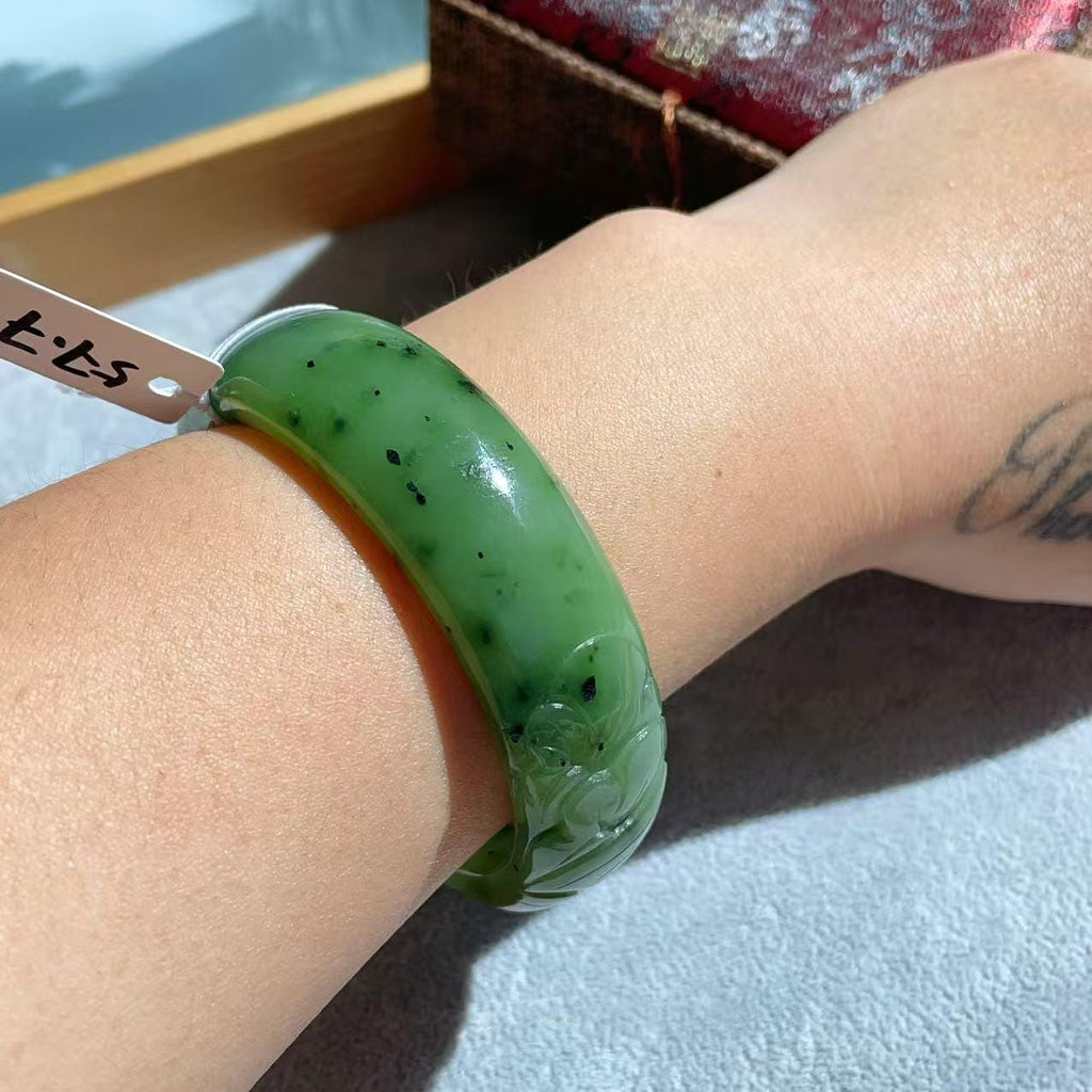 Natural Nephrite Jade Bangle Bracelet ，Wide Carved Jade Bracelet ， Size 57.7mm ，LIight Green Jade, Handmade Jewelry Gift