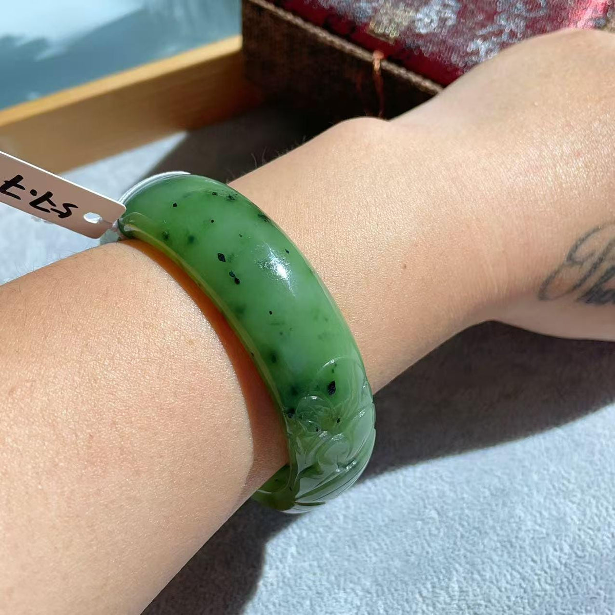 Natural Nephrite Jade Bangle Bracelet ，Wide Carved Jade Bracelet ， Size 57.7mm ，LIight Green Jade, Handmade Jewelry Gift