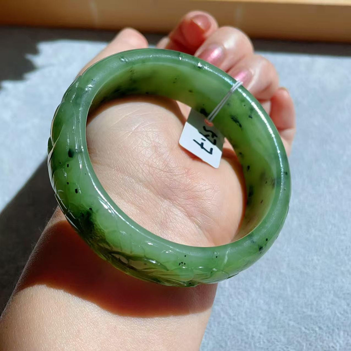 Natural Nephrite Jade Bangle Bracelet ，Wide Carved Jade Bracelet ， Size 57.7mm ，LIight Green Jade, Handmade Jewelry Gift