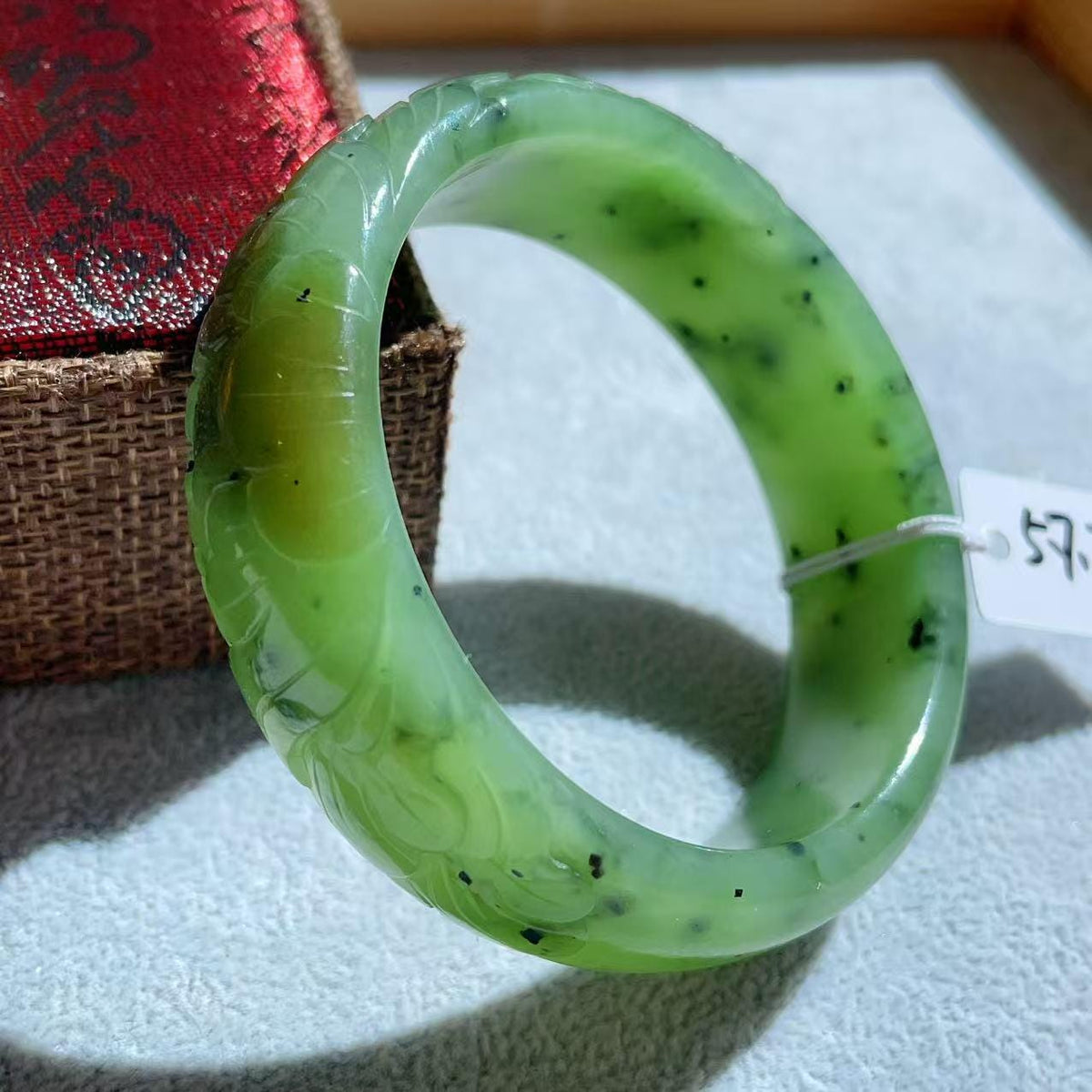 Natural Nephrite Jade Bangle Bracelet ，Wide Carved Jade Bracelet ， Size 57.7mm ，LIight Green Jade, Handmade Jewelry Gift