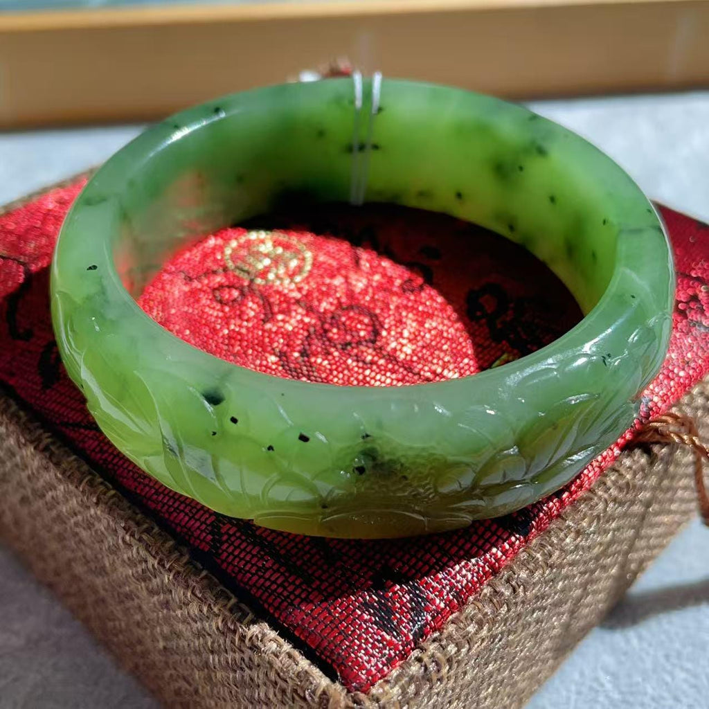 Natural Nephrite Jade Bangle Bracelet ，Wide Carved Jade Bracelet ， Size 57.7mm ，LIight Green Jade, Handmade Jewelry Gift