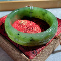 Natural Nephrite Jade Bangle Bracelet ，Wide Carved Jade Bracelet ， Size 57.7mm ，LIight Green Jade, Handmade Jewelry Gift