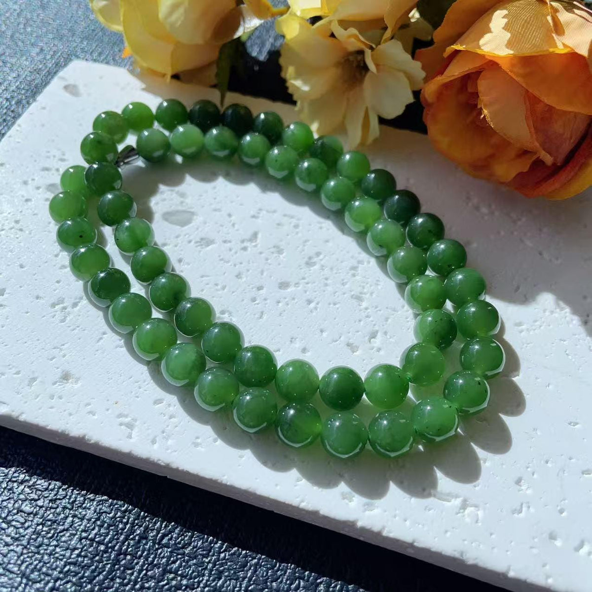 Certified Natural Green Jade Bead Necklace ,8mm Beaded Jade Chain, Nephrite Jade Necklace, 18” Length,Real Jade Necklace