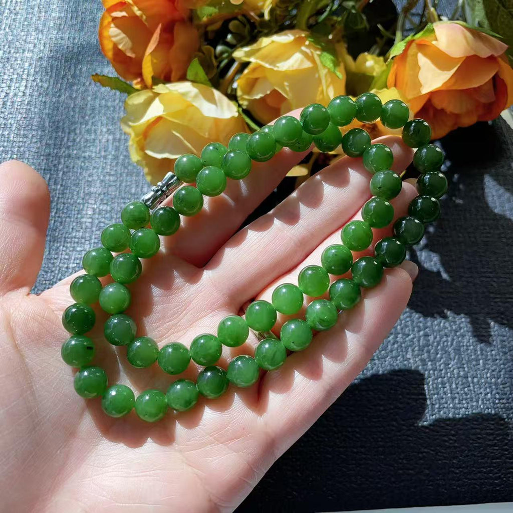 Certified Natural Green Jade Bead Necklace ,8mm Beaded Jade Chain, Nephrite Jade Necklace, 18” Length,Real Jade Necklace
