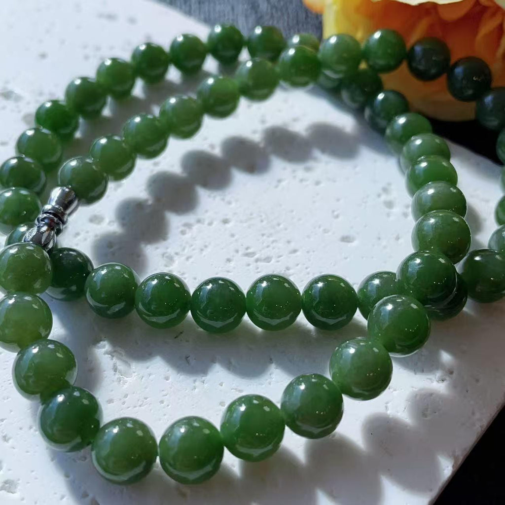 Certified Natural Green Jade Bead Necklace ,8mm Beaded Dark Green Jade Chain, Nephrite Jade Necklace, 18” Length，Spinach Green Jade