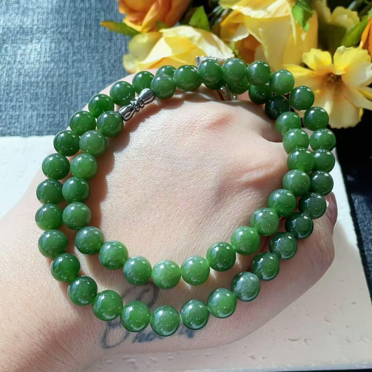 Certified Natural Green Jade Bead Necklace ,8mm Beaded Dark Green Jade Chain, Nephrite Jade Necklace, 18” Length，Spinach Green Jade