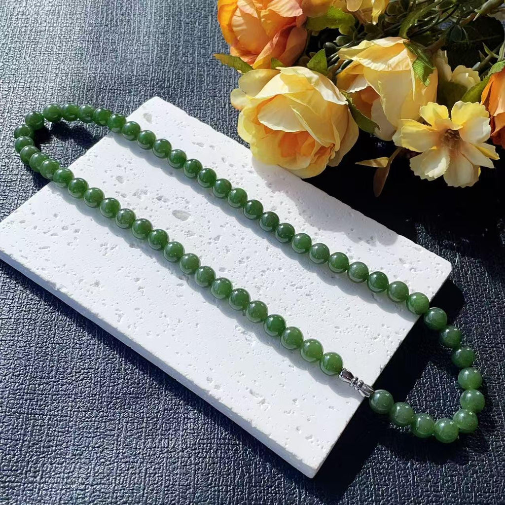 Certified Natural Green Jade Bead Necklace ,8mm Beaded Dark Green Jade Chain, Nephrite Jade Necklace, 18” Length，Spinach Green Jade