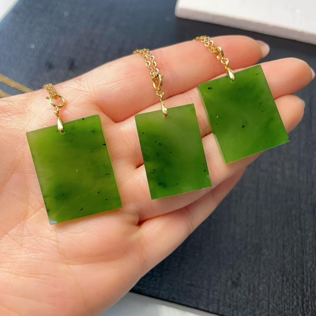 Natural Nephrite Jade Rectangle Pendant Necklace, Green Jade Tag Pendent, Lucky Jade Pendent Necklace
