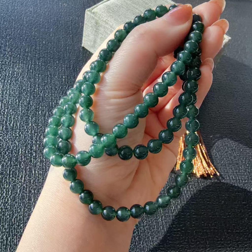 Natural Blue Water Jade Necklace ，6mm Beads 23" Long Chain， Icy Translucent Jadeite Necklace ，A Grade Jade， Gift for Her