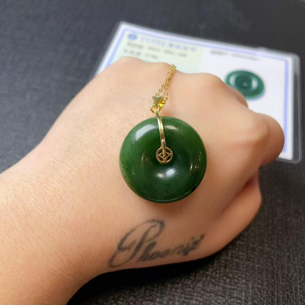 Certifeid Natural Green Jade, Large Donut Pendent, Nephrite Jade Peach Pendent, Rich Green Jade Circle Pendent,Jade Jewelry