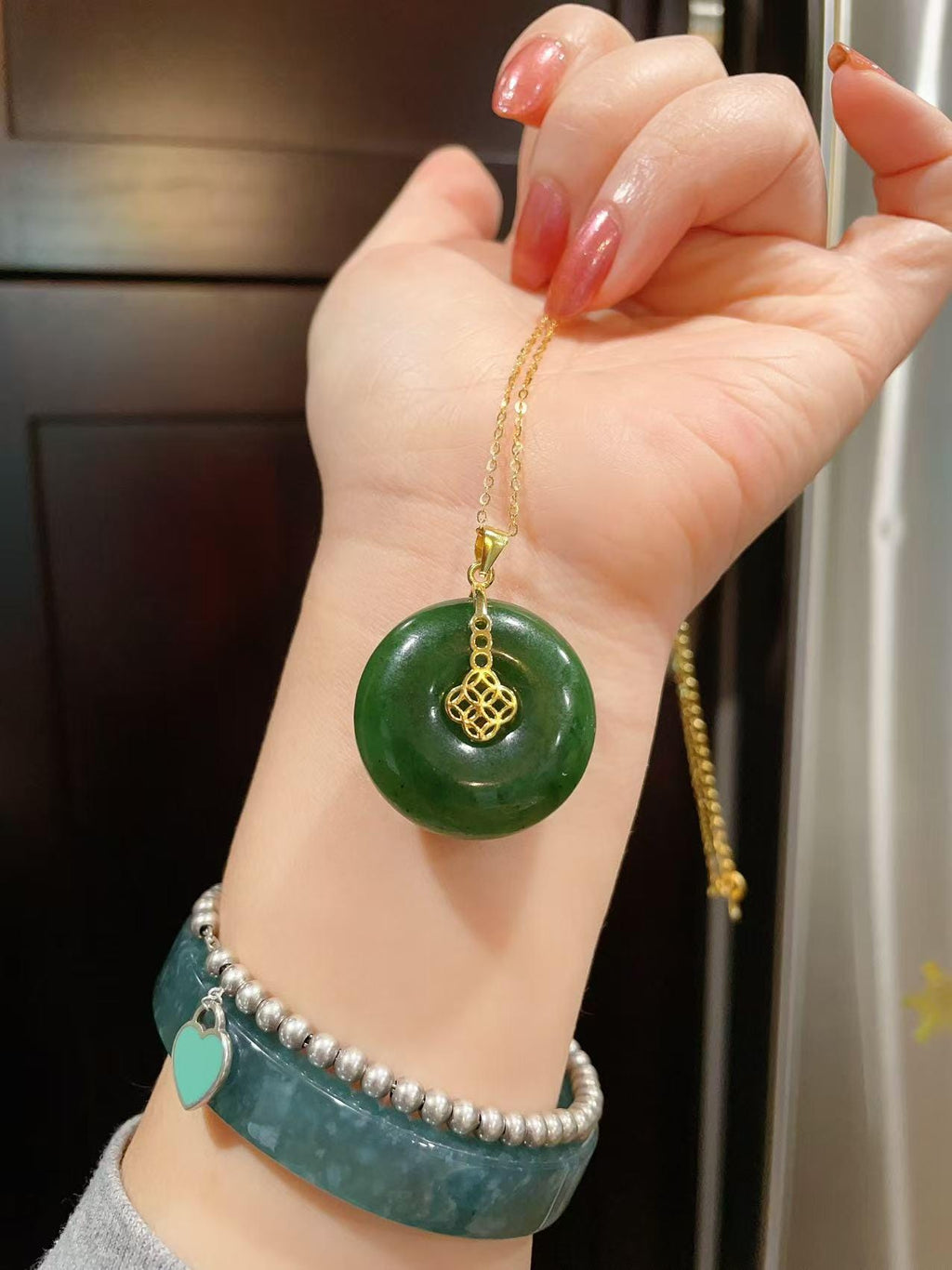 Certifeid Natural Green Jade, Large Donut Pendent, Nephrite Jade Peach Pendent, Rich Green Jade Circle Pendent,Jade Jewelry