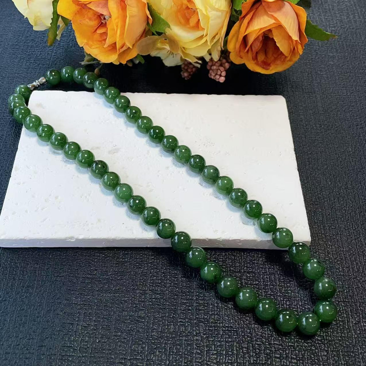 Certified Natural Green Jade 10mm Necklace, Rich Green Beaded Jade Necklace, Minimalist Jade Chain, 10mm Nephrite Green Jade