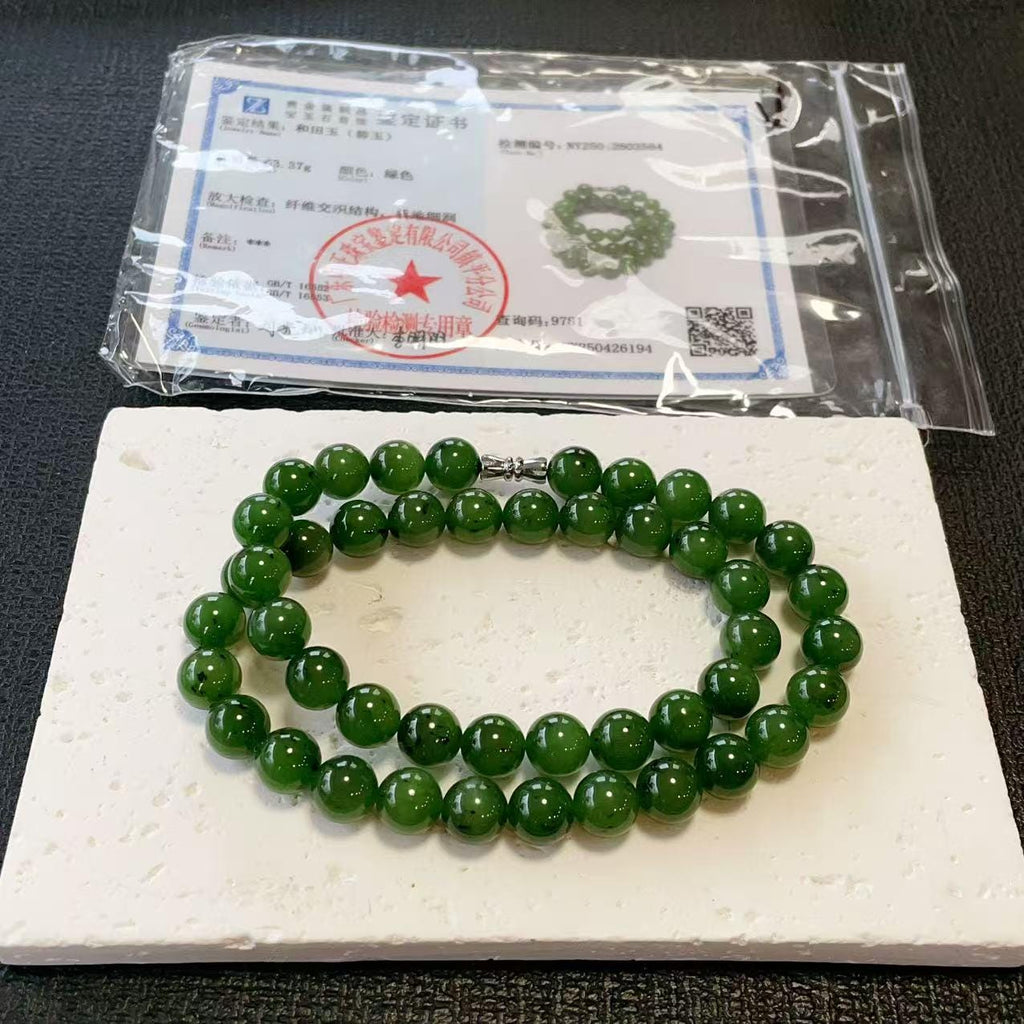 Certified Natural Green Jade 10mm Necklace, Rich Green Beaded Jade Necklace, Minimalist Jade Chain, 10mm Nephrite Green Jade