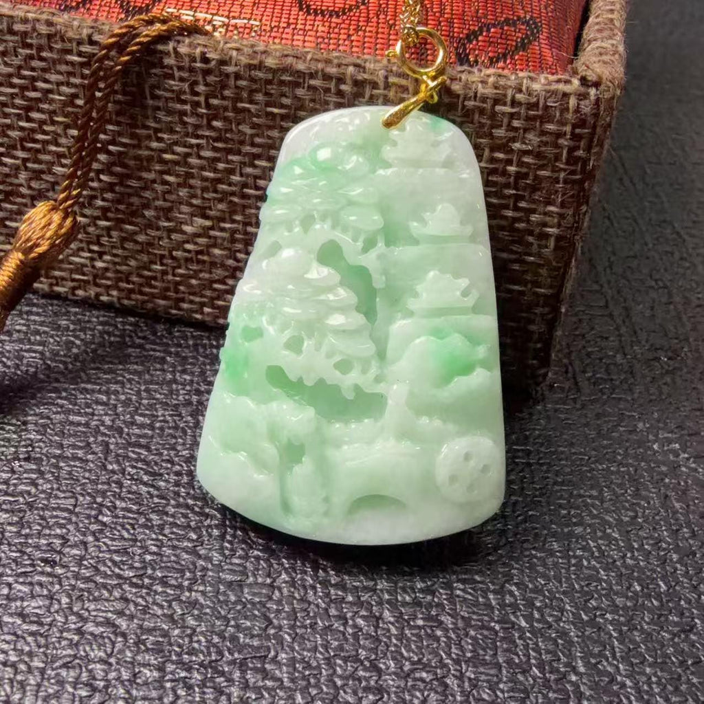 Certified Natural Jadeite ,Landscape Pendant Necklace (Grade A), Green Jadeite Pendent Necklace, Real Jadeite Tag Pendent