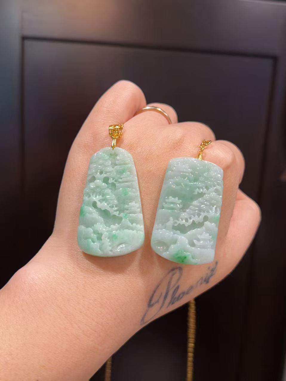 Certified Natural Jadeite Landscape Pendant Necklace (Grade A), Green Jadeite Pendent Necklace