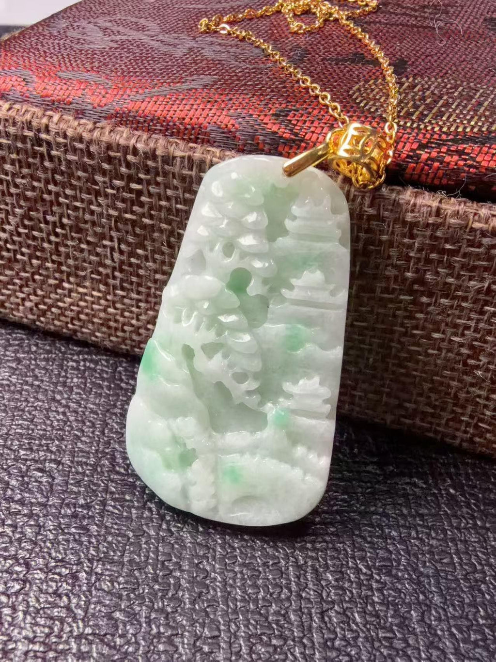 Certified Natural Jadeite Landscape Pendant Necklace (Grade A), Green Jadeite Pendent Necklace