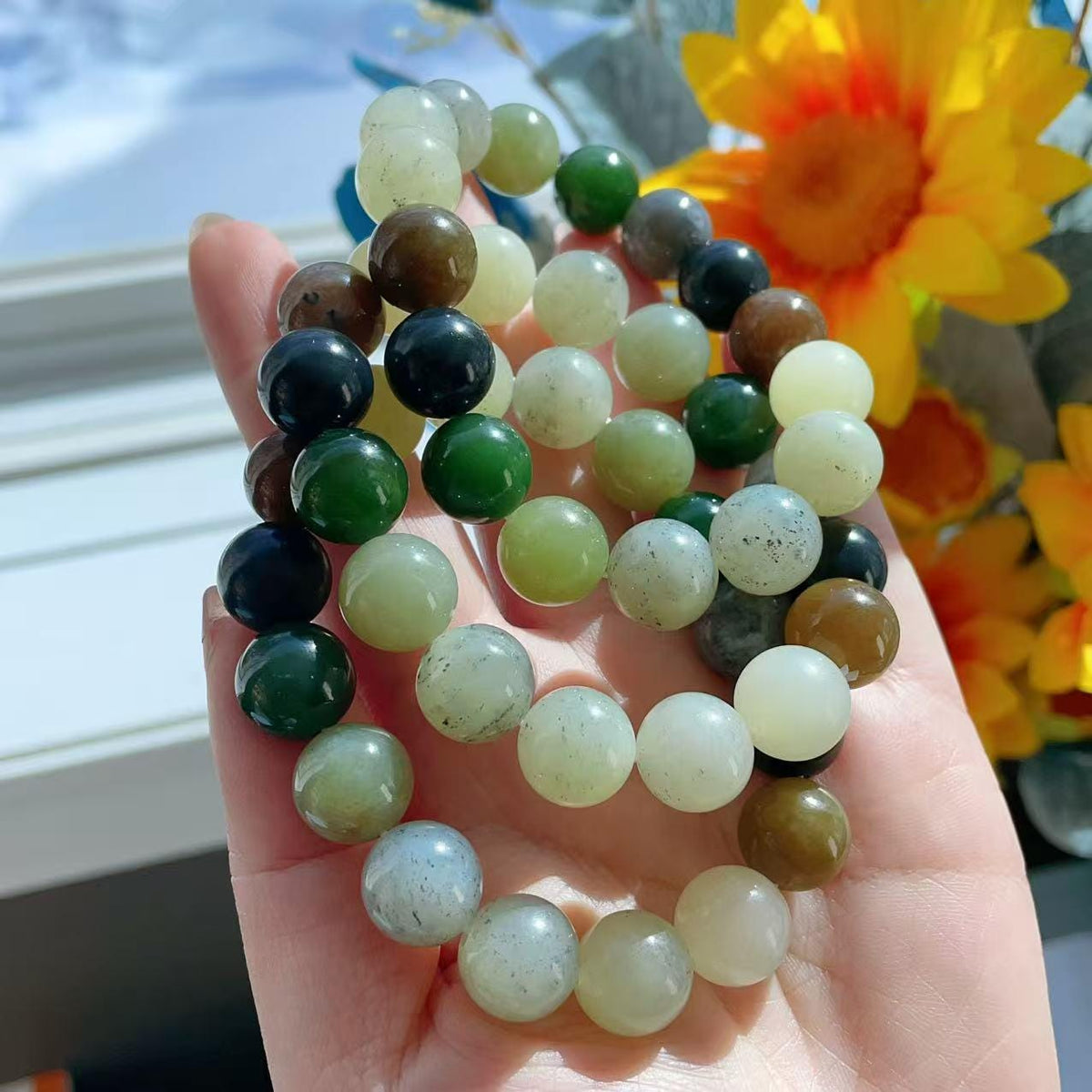 Natural Multicolor Jade Bracelet 12mm Beads , Genuine Jade Round Bead Bracelet ,Statement Chunky Jade Jewelry ,Gift for Her