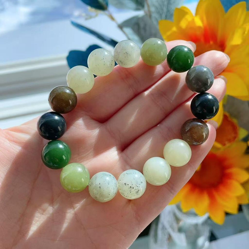 Natural Multicolor Jade Bracelet 12mm Beads , Genuine Jade Round Bead Bracelet ,Statement Chunky Jade Jewelry ,Gift for Her