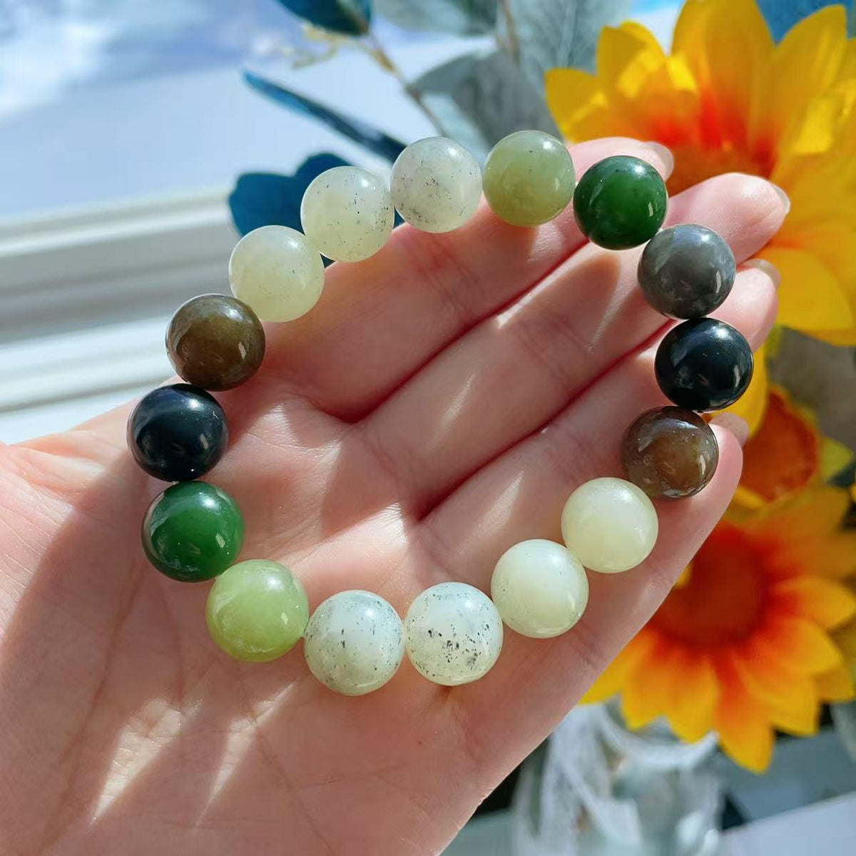 Natural Multicolor Jade Bracelet 12mm Beads , Genuine Jade Round Bead Bracelet ,Statement Chunky Jade Jewelry ,Gift for Her