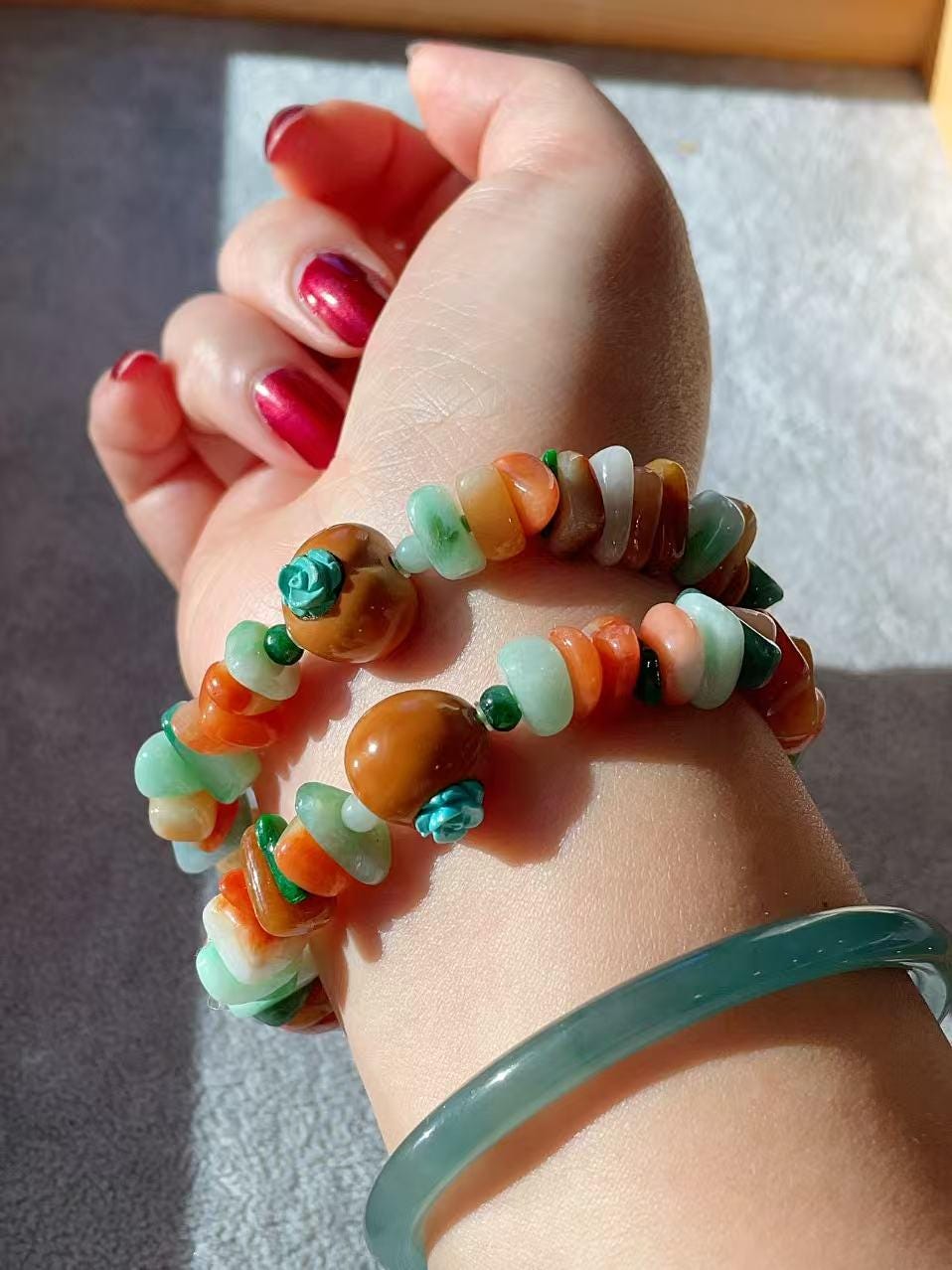 Certified Natural Multi-Stone Jadeite Bracelet , Genuine Type-A Jadeite , 10–12mm Chips Jadeite, Real Jade Bracelet
