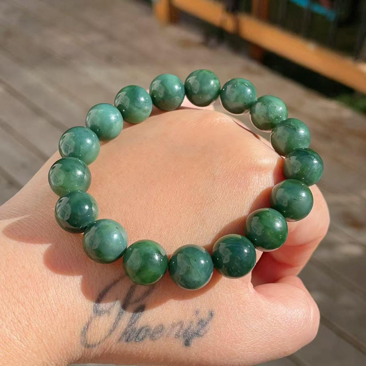 Certified Natural Green- Blue Jade Bracelet, 12mm Jade Beaded Bracelet, Natural Jade Bracelet, Large Beaded Bracelet, Real Jade Gift
