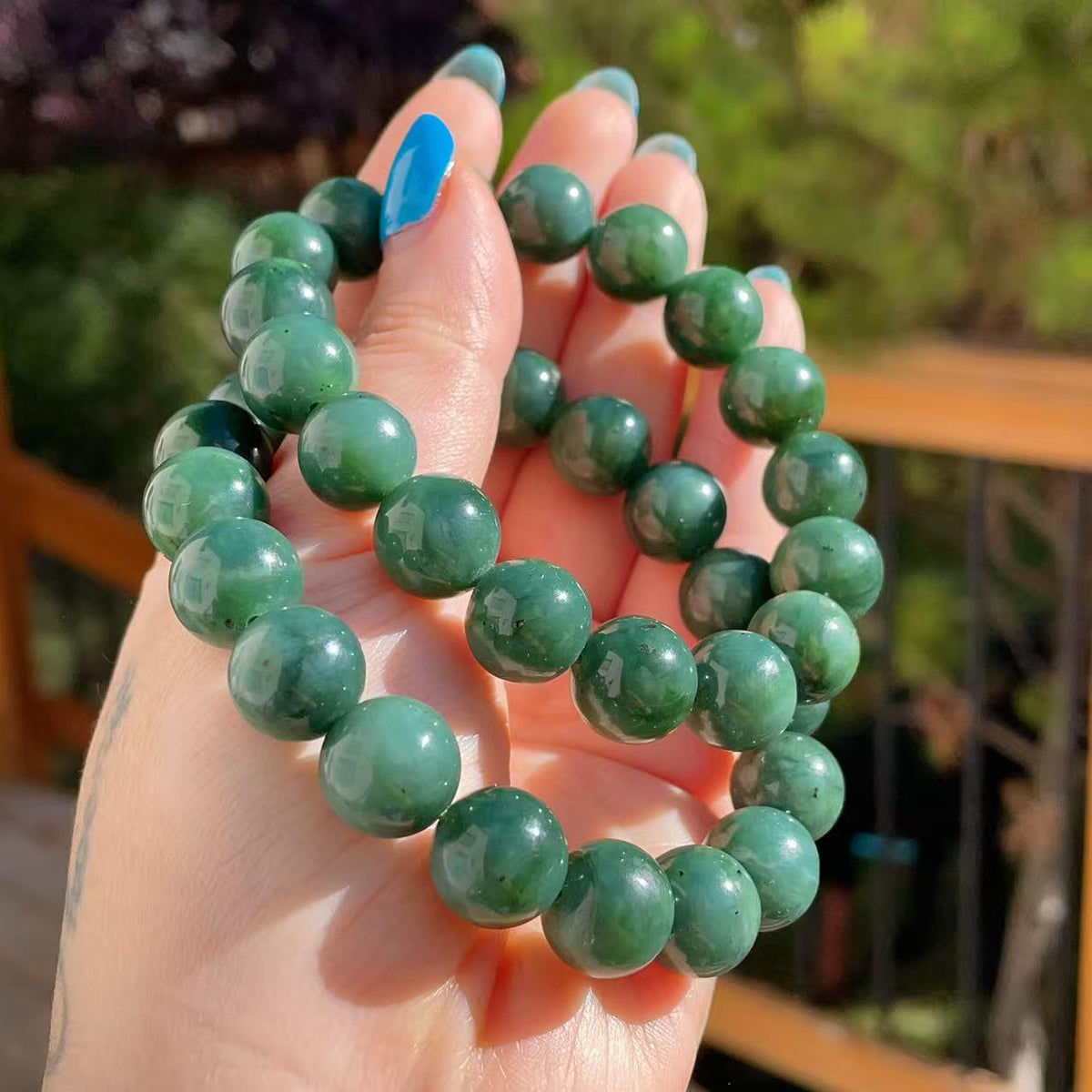 Certified Natural Green- Blue Jade Bracelet, 12mm Jade Beaded Bracelet, Natural Jade Bracelet, Large Beaded Bracelet, Real Jade Gift