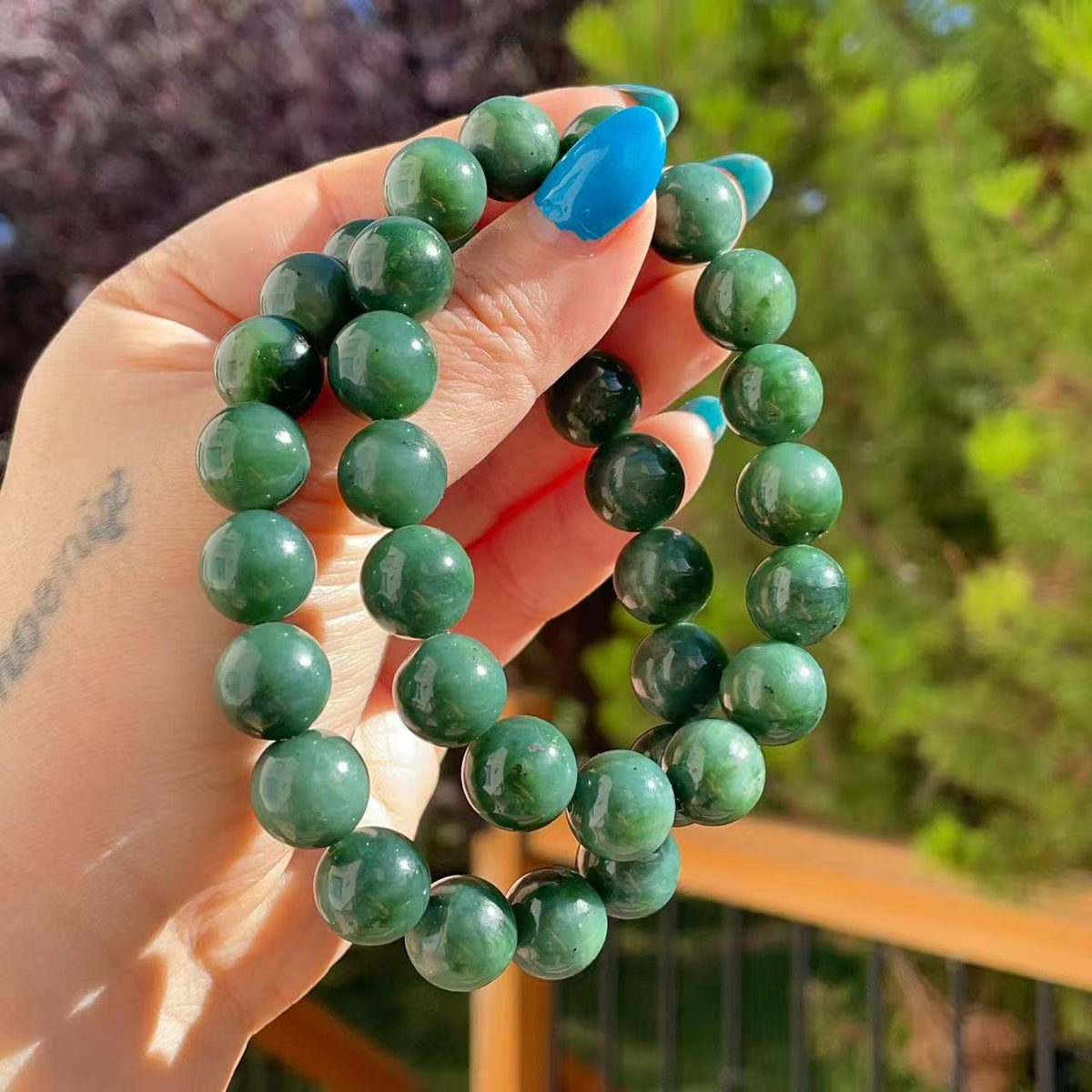 Certified Natural Green- Blue Jade Bracelet, 12mm Jade Beaded Bracelet, Natural Jade Bracelet, Large Beaded Bracelet, Real Jade Gift