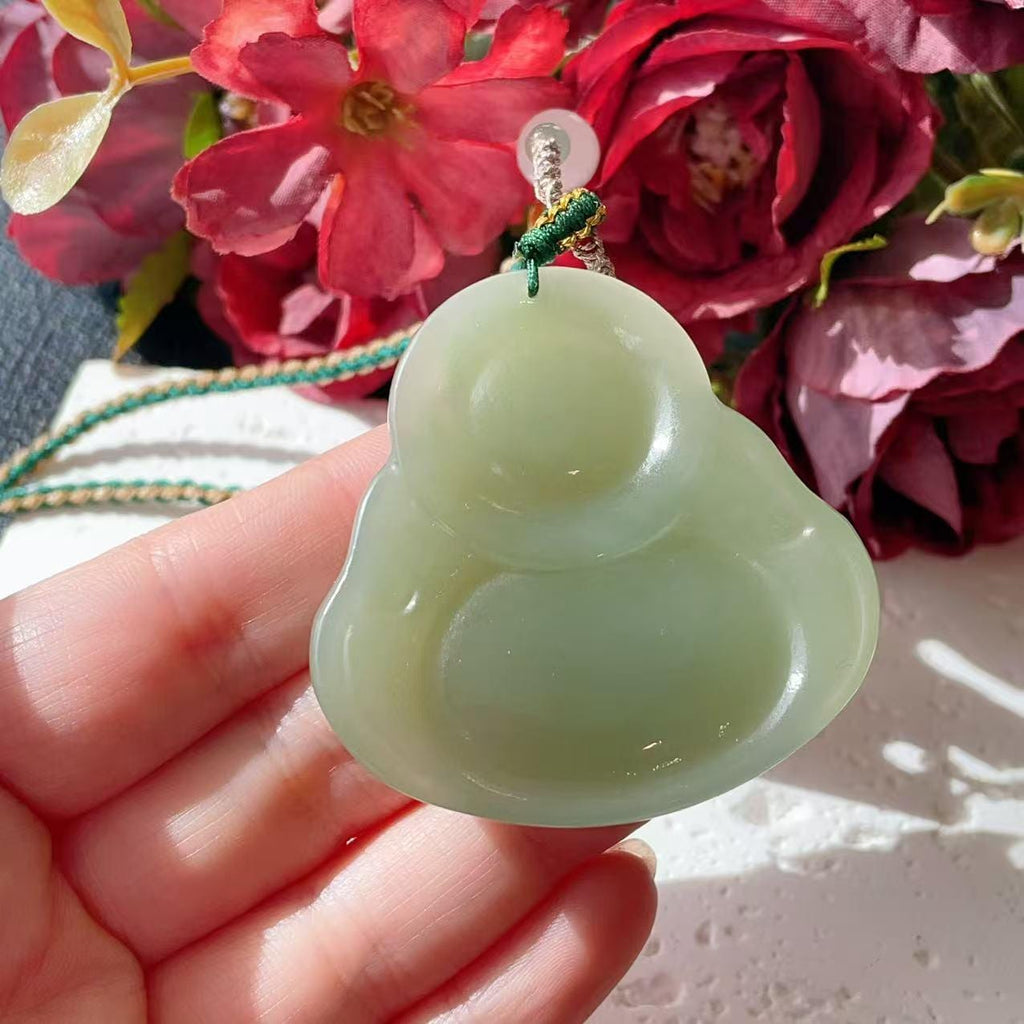 Natural Spring Green Jade Buddha Pendant Necklace | Large Laughing Buddha Jade | Adjustable Cord 26" | Certified Jade Gift