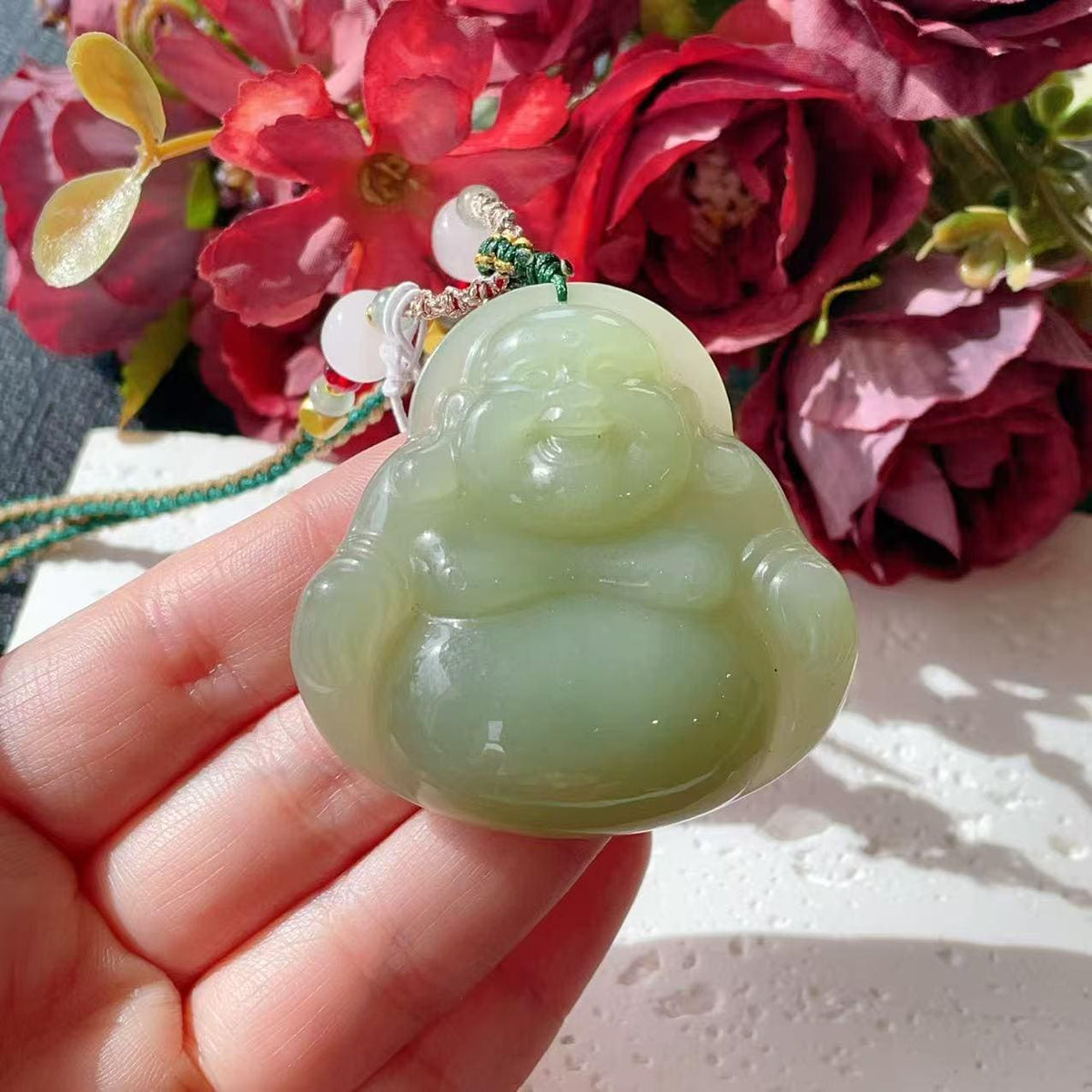 Natural Spring Green Jade Buddha Pendant Necklace | Large Laughing Buddha Jade | Adjustable Cord 26" | Certified Jade Gift