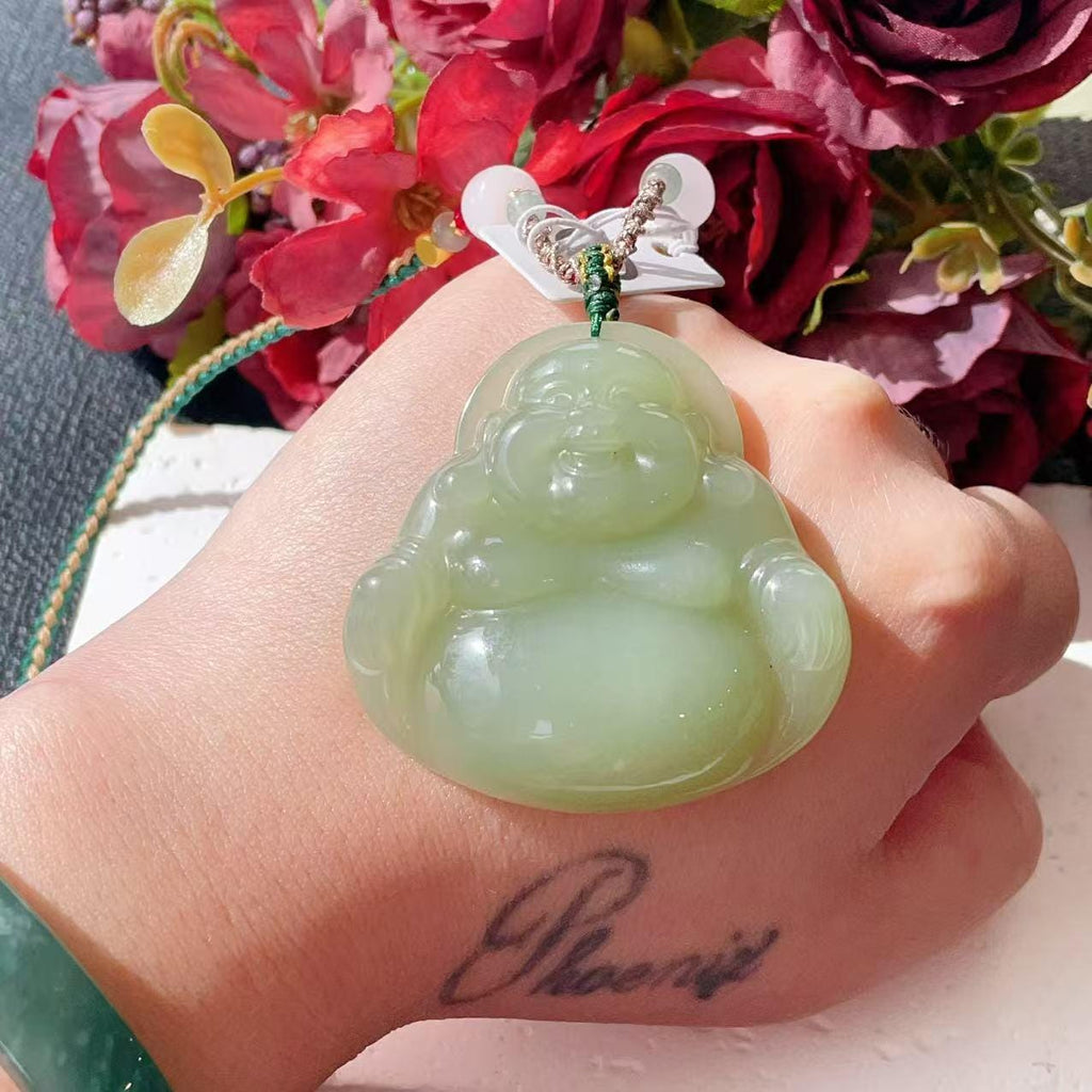 Natural Spring Green Jade Buddha Pendant Necklace | Large Laughing Buddha Jade | Adjustable Cord 26" | Certified Jade Gift
