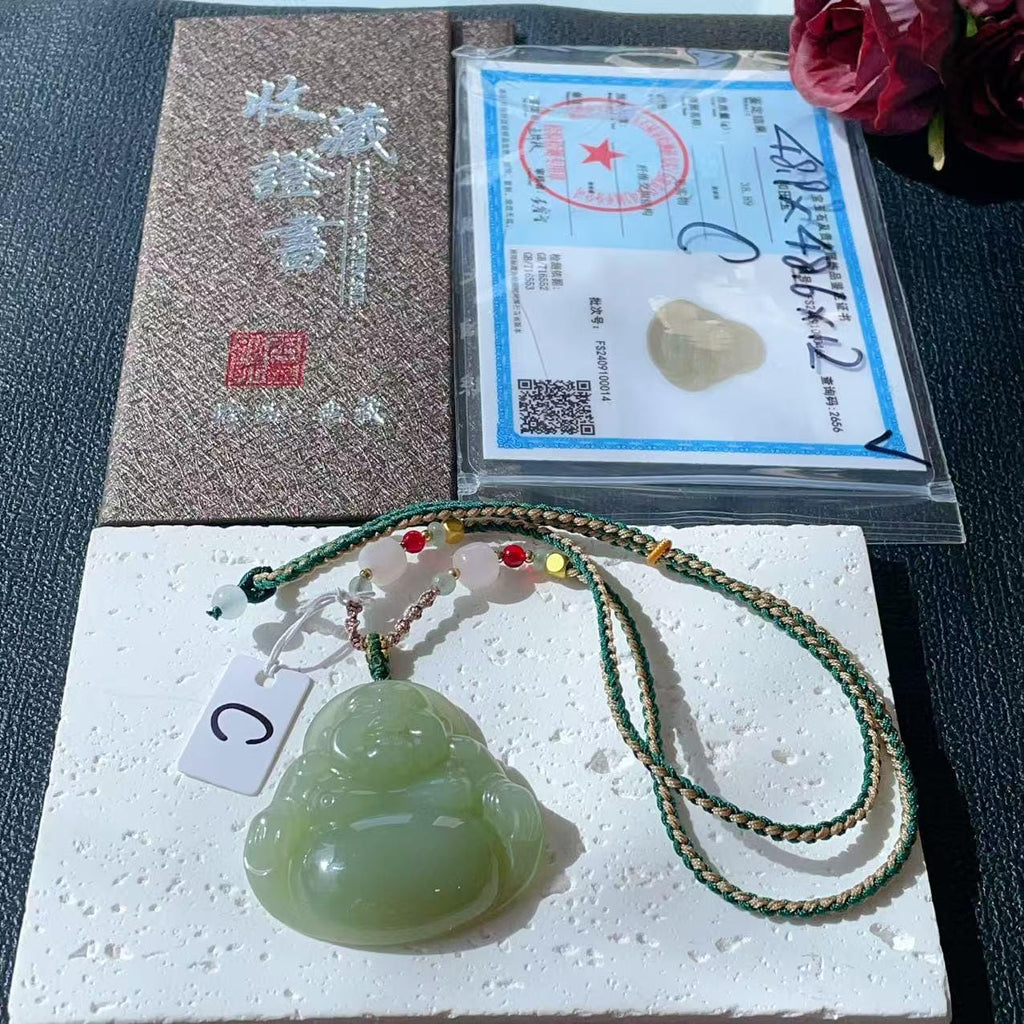 Natural Spring Green Jade Buddha Pendant Necklace | Large Laughing Buddha Jade | Adjustable Cord 26" | Certified Jade Gift