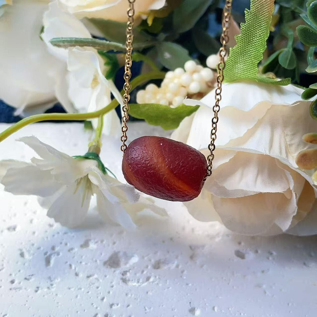 Natural Red Agate Pendant Necklace ,Matte Barrel Bead ,Adjustable Gold Chain ,Handmade Minimal Jewelry Gift