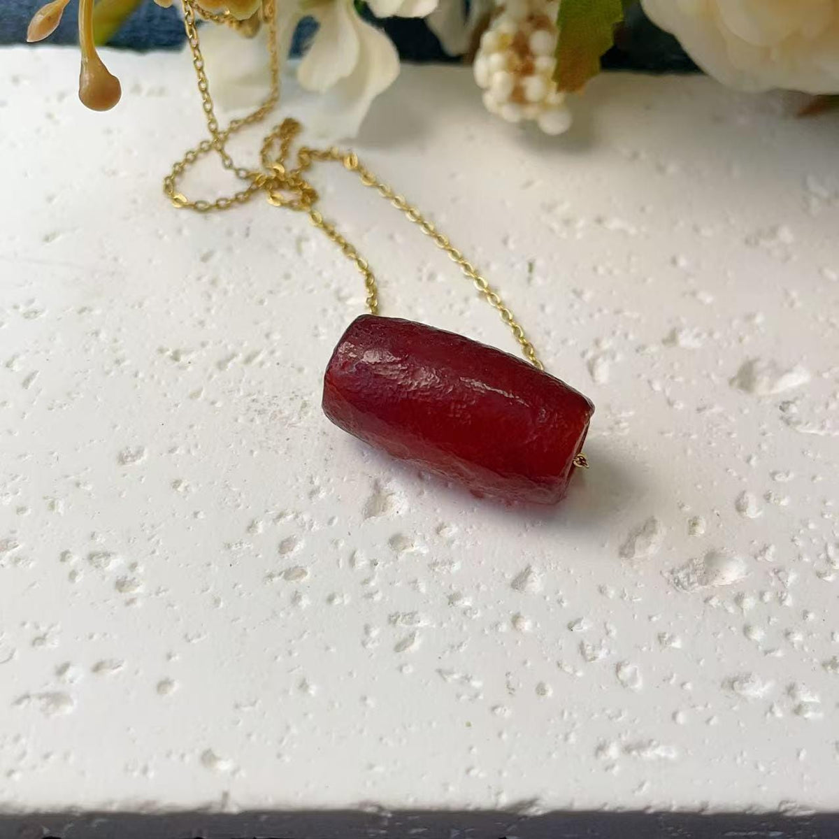 Natural Red Agate Long Barrel Pendant Necklace , Matte Tube Bead ,Adjustable Gold Chain ,Minimalist Statement Jewelry