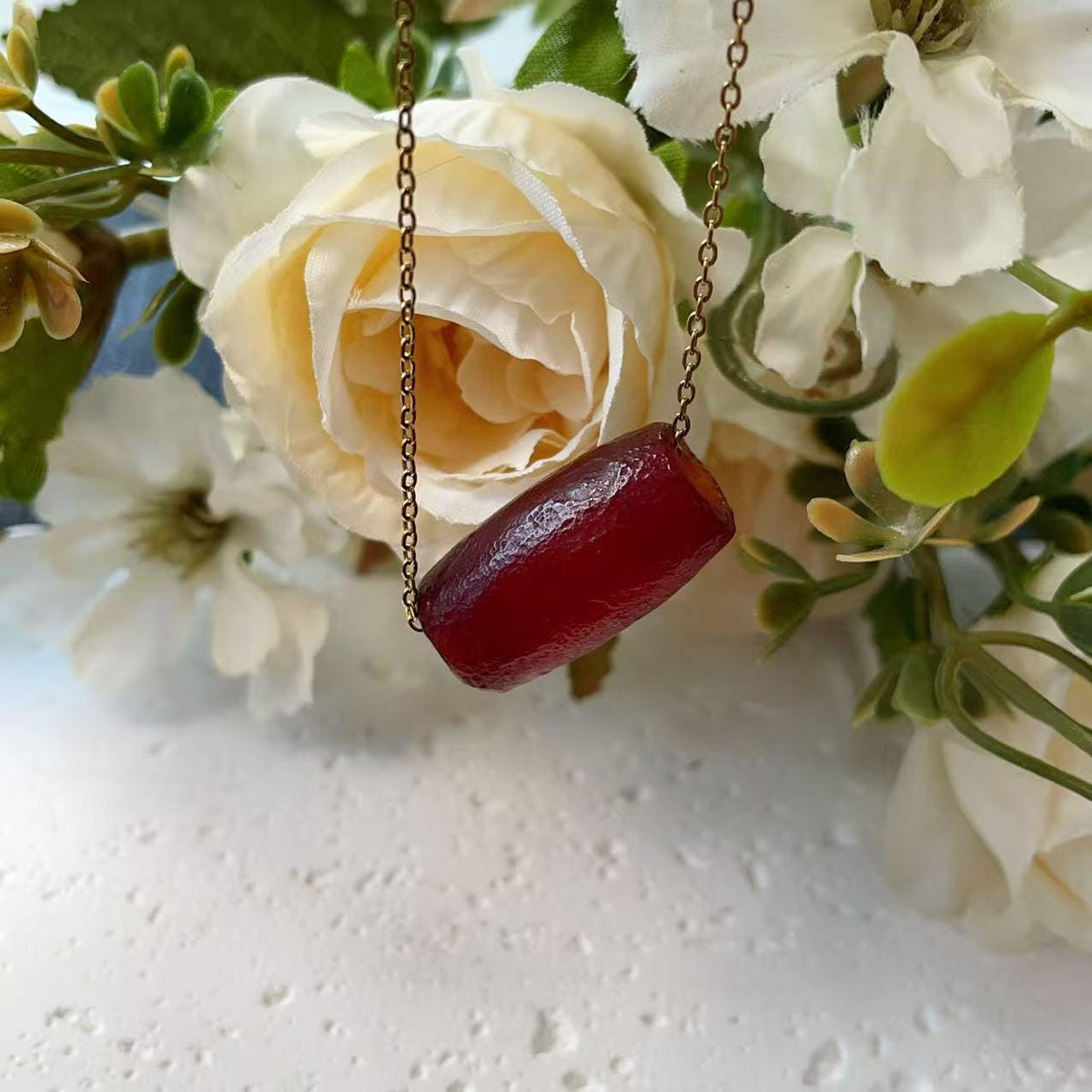Natural Red Agate Long Barrel Pendant Necklace , Matte Tube Bead ,Adjustable Gold Chain ,Minimalist Statement Jewelry
