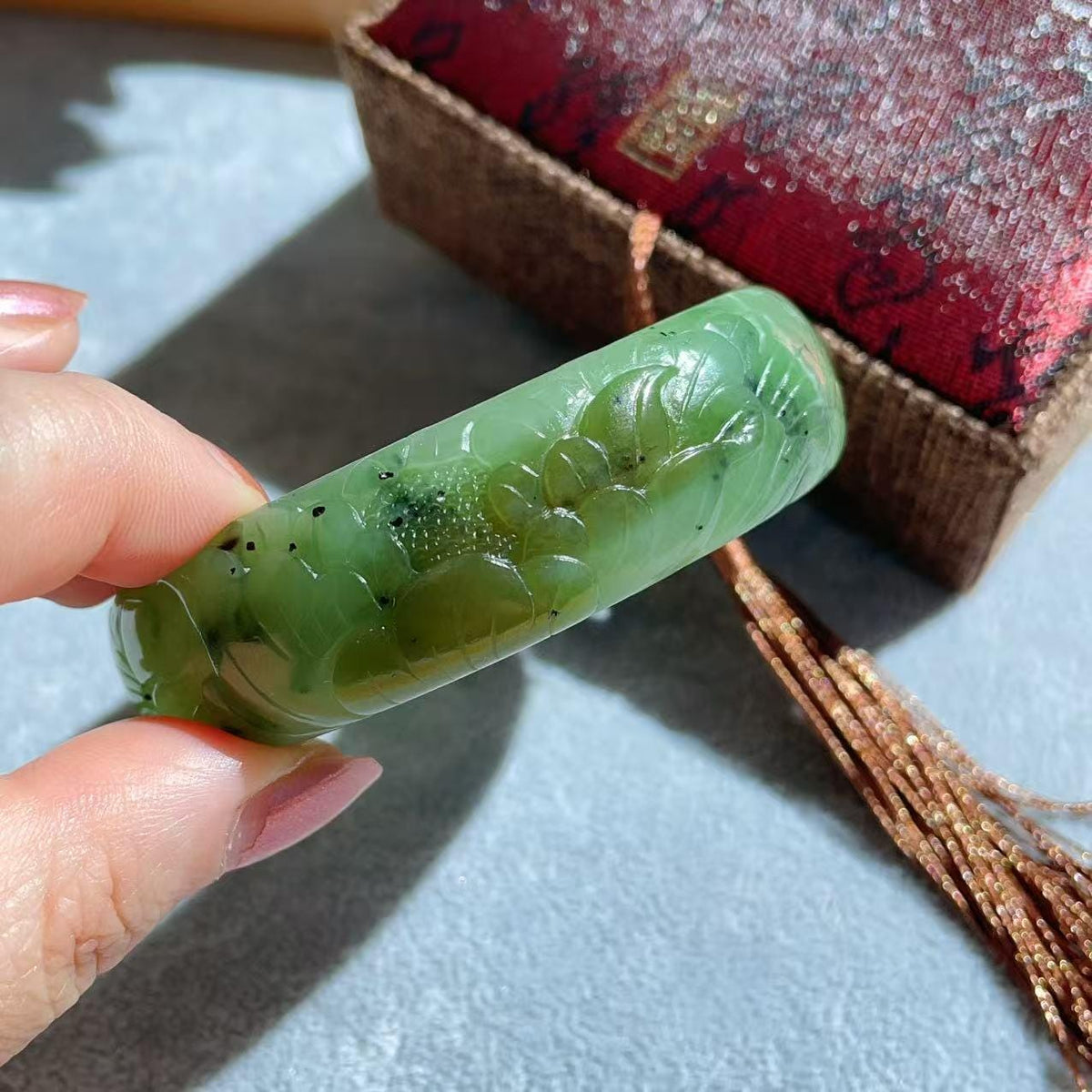Natural Nephrite Jade Bangle Bracelet ，Wide Carved Jade Bracelet ， Size 57.7mm ，LIight Green Jade, Handmade Jewelry Gift