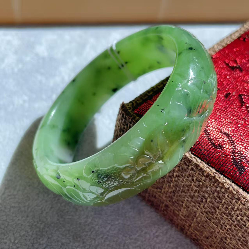 Natural Nephrite Jade Bangle Bracelet ，Wide Carved Jade Bracelet ， Size 57.7mm ，LIight Green Jade, Handmade Jewelry Gift