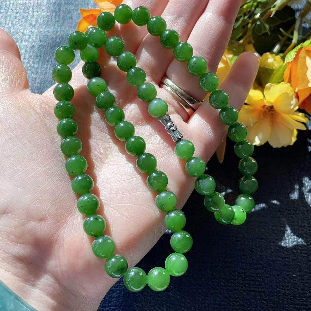Certified Natural Green Jade Bead Necklace ,8mm Beaded Jade Chain, Nephrite Jade Necklace, 18” Length,Real Jade Necklace