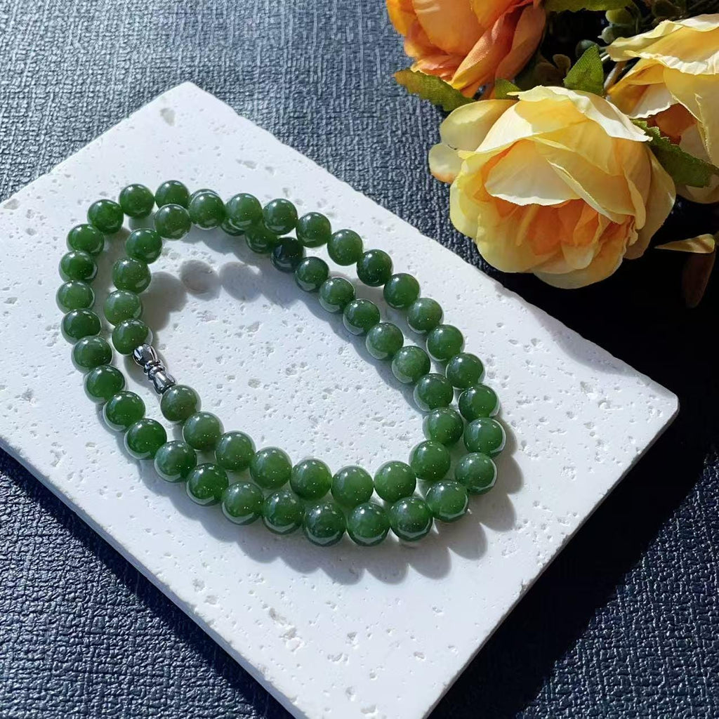 Certified Natural Green Jade Bead Necklace ,8mm Beaded Dark Green Jade Chain, Nephrite Jade Necklace, 18” Length，Spinach Green Jade