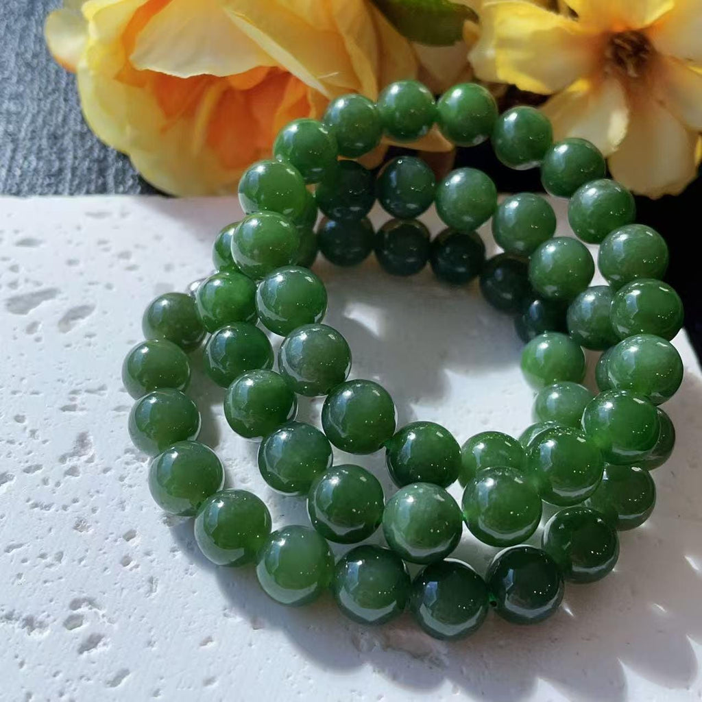 Certified Natural Green Jade Bead Necklace ,8mm Beaded Dark Green Jade Chain, Nephrite Jade Necklace, 18” Length，Spinach Green Jade